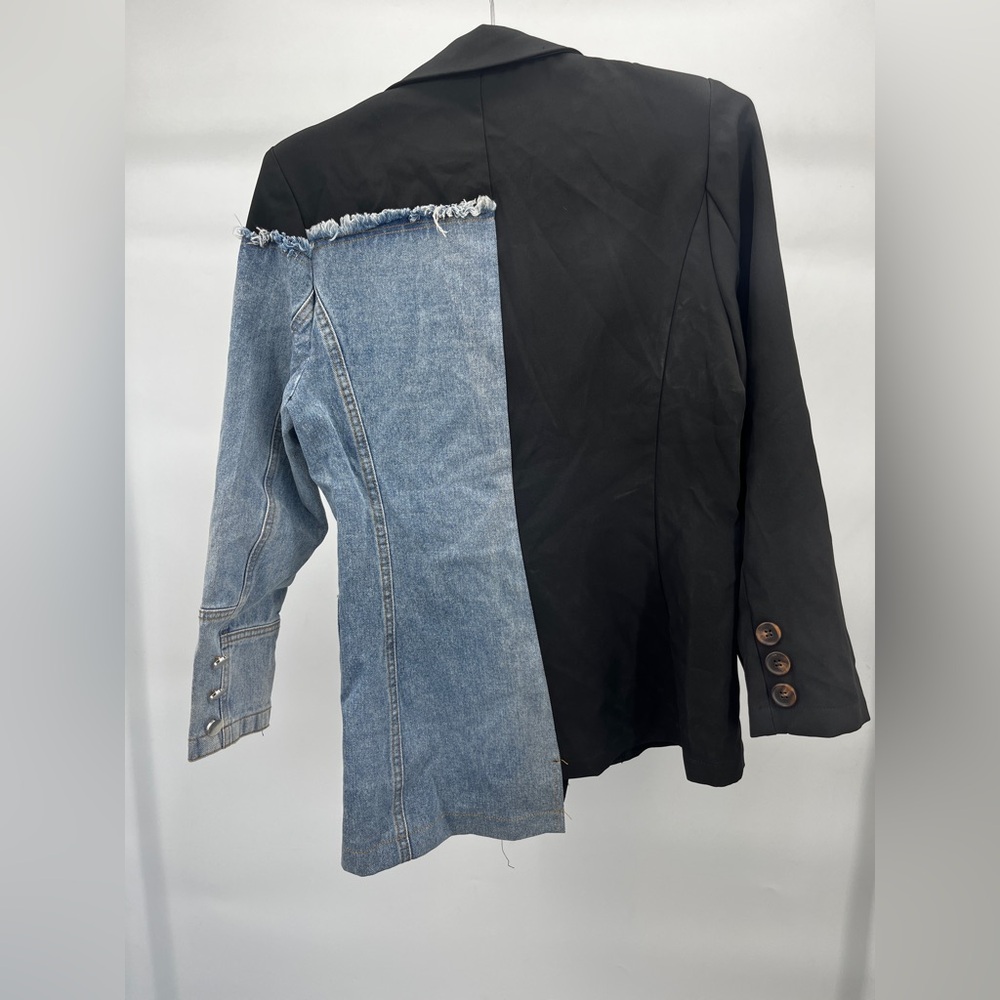 Women’s Jacket - Dressed in LALA Black and Denim Patchwork Blazer Size Medium - Picture 3 of 7
